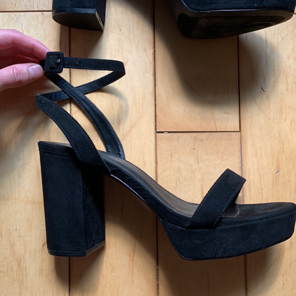Suede block heel sandals.
